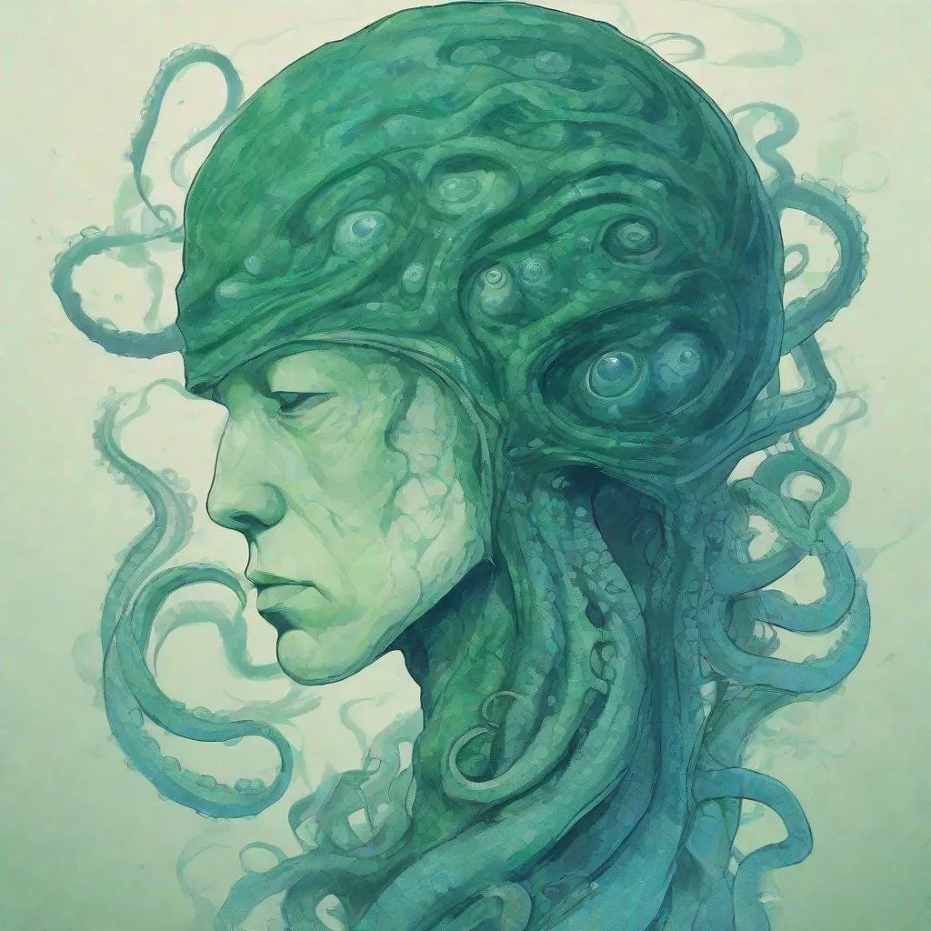 Prompt: human head with tentacles, blue green, serene atmosphere, ambient, serious, cosmos
