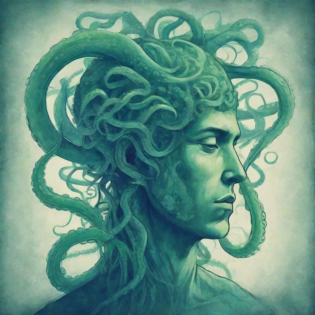 Prompt: human head with tentacles, blue green, serene atmosphere, ambient, serious, cosmos
