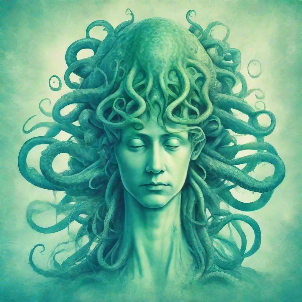 Prompt: human head with tentacles, blue green, serene atmosphere, ambient, serious, cosmos
