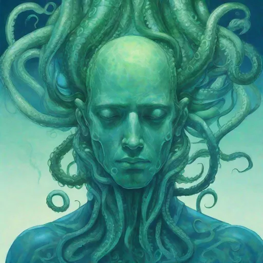 Prompt: human head with tentacles, blue green, serene atmosphere, ambient, serious, cosmos
