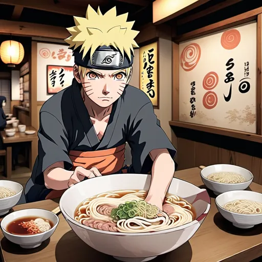 Prompt: Wallpaper size anime style naruto in ichiraku ramen shop with noodles 