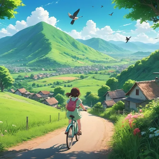 Prompt: Anime style countryside clearsky green mountains birds and a little girl riding a bicycle 