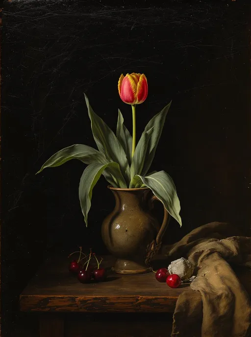 Prompt: A reference image for an oil painting still life. The central focus of the composition is a single tulip flower in a ceramic pot. The composition is simple and elegant with a few dark-red cherries on an old wooden table and some other classic objects. Dramatic single-source lighting from above-right creates deep, defined shadows and highlights, emphasizing the three-dimensional form of objects.