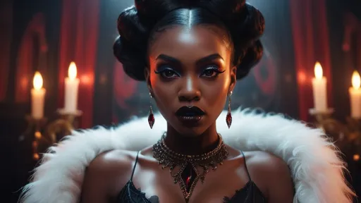 Prompt: Cinematic (hyper-realistic), (full body) vampire queen, graceful black woman with striking long eyelashes fangs subtly protruding from her lips, holds a glass filled with blood revealing dress detailed luxurious vibrant club with elegant decor, opulent textures, rich color tones, soft ambient lighting, (epic atmosphere), (4K) quality.