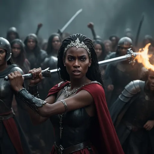 Prompt: Cinematic (hyper-realistic) portrayal of black woman a vengeful vampire queen, commanding her army in an epic battle, powerful expression, action stance gripping a broad sword in hand, bold stance amidst the chaos, ancient world setting, emotions running high, intense atmosphere, dramatic lighting, high contrast shadows, sharp focus, documentary-style photo cinematography, action movie vibes, striking visual storytelling, ultra-detailed, 4K resolution.