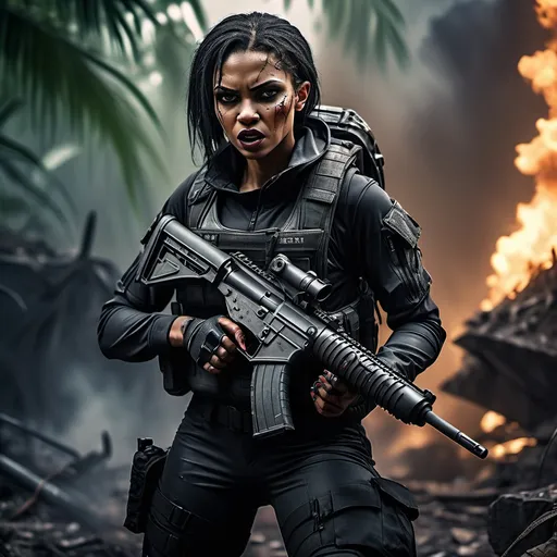 Prompt: Cinematic Full-body Tactical Black Female Vampire crying clad in rugged tactical gear, accurate tactical grip holding a sub machine-gun with a silencer, walking burning laboratory in jungle wasteland backdrop, high definition, ultra-detailed, dramatic lighting emphasizing tactical features and accessories cinematic photoshoot realistic lightings ulta hdr 32k high resolution, smooth and delicate skin, noble and elegant, ultra-realistic photography vibe, shot with Canon camera, intricate details, 32k --ar 16:9 --s 750 --v