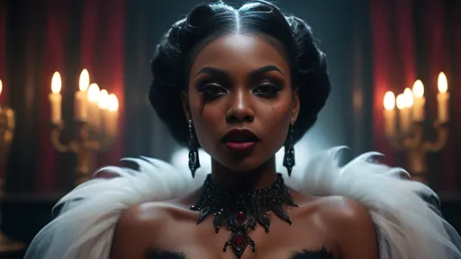 Prompt: Cinematic (hyper-realistic), (full body) vampire queen, graceful black woman with striking long eyelashes fangs subtly protruding from her lips, holds a glass filled with blood revealing dress detailed luxurious vibrant club with elegant decor, opulent textures, rich color tones, soft ambient lighting, (epic atmosphere), (4K) quality.