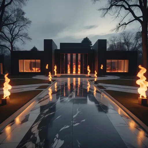 Prompt: Cinematic architectural masterpiece vampire coven modern exterior driveway illuminated by marble torches with fire on top drone shot