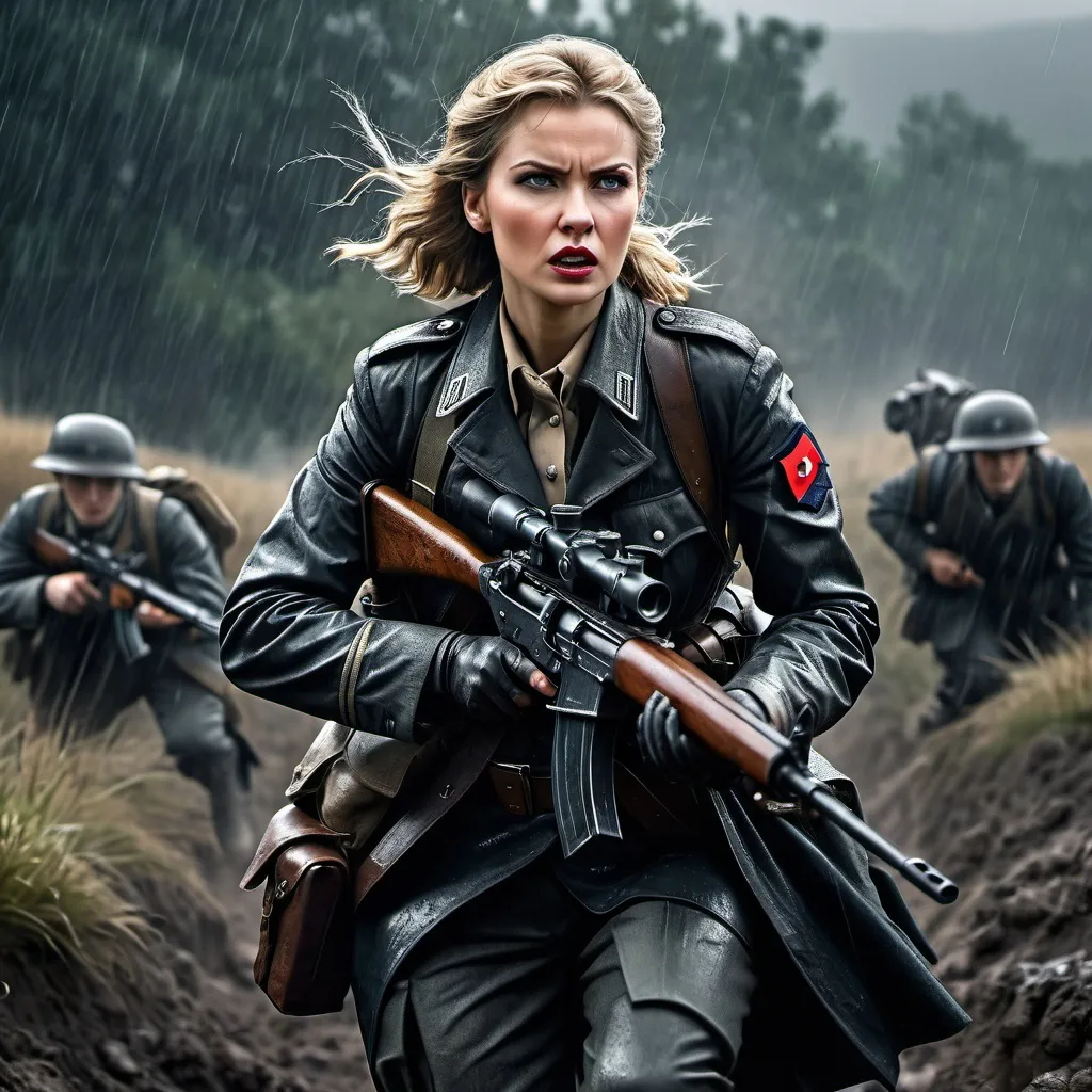 Prompt: Cinematic Full-body enraged Tactical period accurate WW2 German High Commander Female Vampire angry clad in rugged tactical gear, accurate tactical grip holding a period accurate sub machine-gun, crawling through trench rainy battlefield back drop, high definition, ultra-detailed, dramatic lighting emphasizing tactical features and accessories cinematic photoshoot realistic lightings ulta hdr 32k high resolution, smooth and delicate skin, noble and elegant, ultra-realistic photography vibe, shot with Canon camera, intricate details, 32k --ar 16:9 --s 750 --v