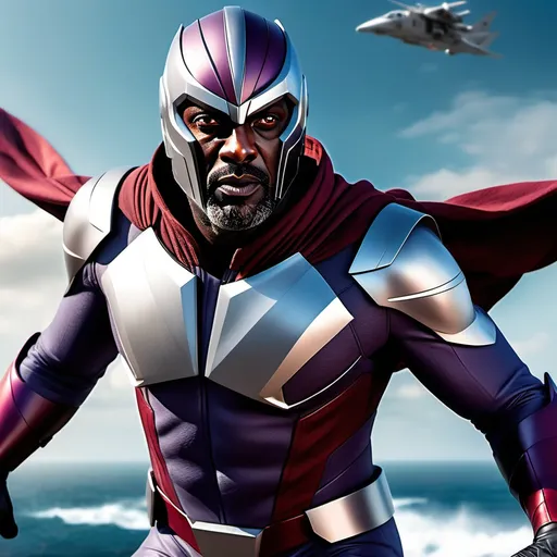 Prompt: Cinematic hyper-realistic perfect clone face of Idris Elba as Magneto with helmet, (dynamic full body combat pose), flying towards the camera, destroyed aircraft destroyed backdrop, dramatic ocean seascape, (Marvel Comics) style, (Disney) aesthetic, intense lighting, (high detail) 16K, (3D rendering), vibrant colors, epic atmosphere, grandeur and action infused.