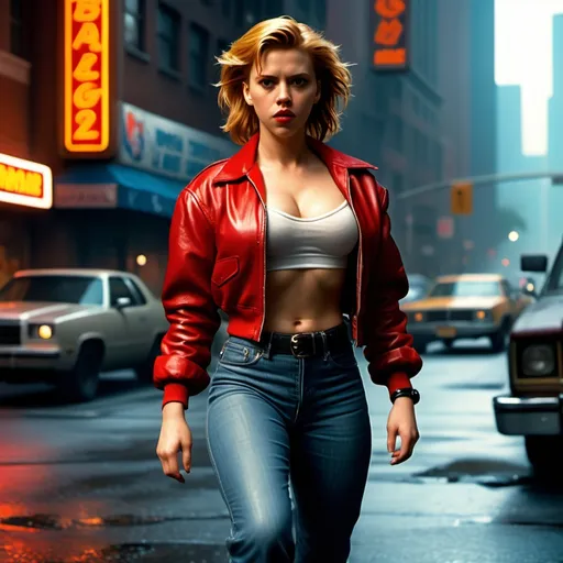 Prompt: Scarlett Johansen as Blaze Streets of rage 2 wearing red game attire 1980 movie stills, hyper-realistic full body dramatic action poses ultra smooth coherent movement photorealism 16k ultra hyper-detailed award-winning cinematic masterpiece quality