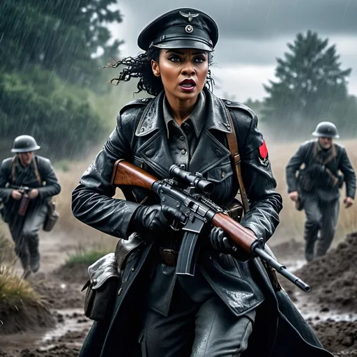 Prompt: Cinematic Full-body enraged Tactical period accurate WW2 German High Commander black Female Vampire angry clad in rugged tactical gear, accurate tactical grip holding a period accurate sub machine-gun, crawling through trench rainy battlefield back drop, high definition, ultra-detailed, dramatic lighting emphasizing tactical features and accessories cinematic photoshoot realistic lightings ulta hdr 32k high resolution, smooth and delicate skin, noble and elegant, ultra-realistic photography vibe, shot with Canon camera, intricate details, 32k --ar 16:9 --s 750 --v