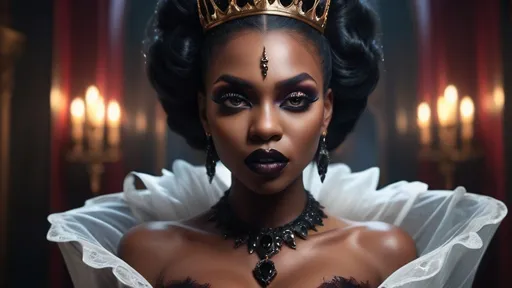 Prompt: Cinematic (hyper-realistic), (full body) vampire queen, graceful black woman with striking long eyelashes fangs subtly protruding from her lips, holds a glass filled with blood revealing dress detailed luxurious vibrant club with elegant decor, opulent textures, rich color tones, soft ambient lighting, (epic atmosphere), (4K) quality.