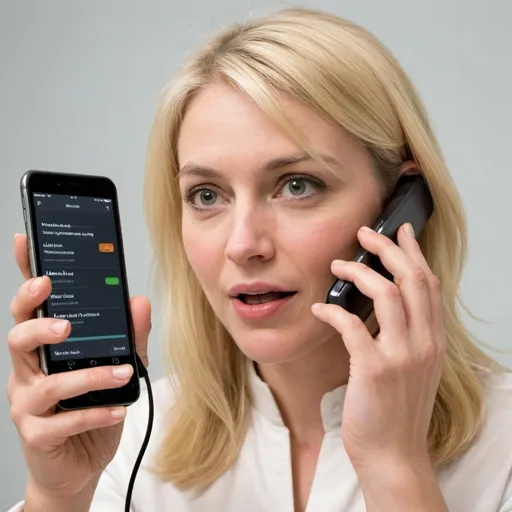 Prompt: a 33-year-old blonde lady experiments with a mobile phone a new application for personalized nutrition that is based on a voice biormaker sent right through the phone