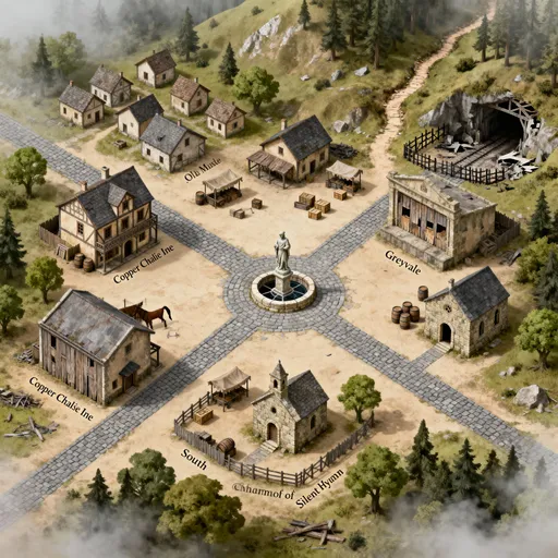 Prompt: Create a medium-sized map of Greyvale, a small misty valley village in a low-fantasy setting. Place the town square at the center, featuring a statue, and have roads branch north, south, east, and west from it. Southwest of the square, include the Copper Chalice Inn, a two-story building with a stable, and to the west edge of town, draw the Abandoned Theatre, a large rectangular boarded-up building. South of the square, place the Chapel of the Silent Hymn, a small stone building with a simple entrance. Northeast of the square, indicate the Old Mine Entrance, fenced off and partially collapsed. Cluster 8–10 small houses in the north and west area to represent the residential district, and draw the forest and outskirts along the western side with irregular terrain, trees, and a trail leading to the hills. Include a circular marker in the square for a well shaft that leads underground. Style the map with muted tan and stone buildings outlined in darker lines, gray cobblestone roads, pale earthy ground, and green trees for the forest. Optionally, scatter market stalls in the square, barrels, and crates, board some windows, and add fences around the mine entrance. Add fog or mist around the edges for atmosphere, and use serif font labels for buildings and landmarks.