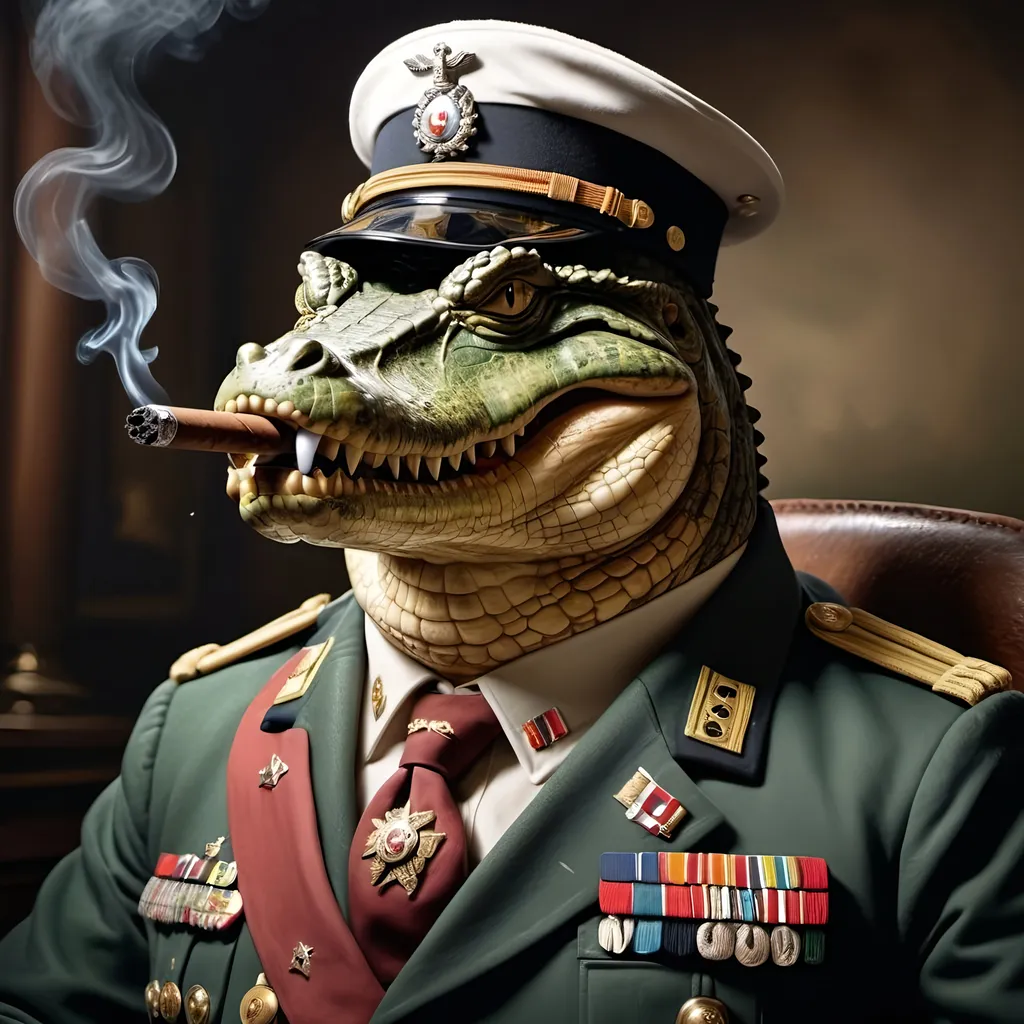 Prompt: Hyper realistic portrait of a fat, stately and fierce Crocodile General smoking a cigar, closed mouth, 1940s German general's uniform, intense gaze, detailed scales, professional digital painting, military insignia, stern expression, high-res, hyper-realistic, historical, military, detailed texture, realistic lighting