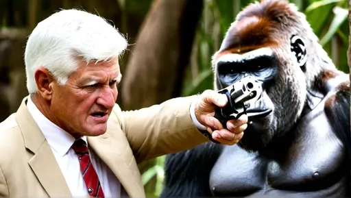 Prompt: closeup image of bob katter holding gun pointing at gorilla's head
