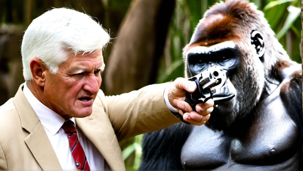 Prompt: closeup image of bob katter holding gun pointing at gorilla's head
