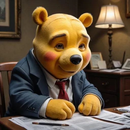 Prompt: Worried Winnie the Pooh as a stockbroker, GFC, detailed facial expressions, professional painting, intense emotions, detailed eyes, realistic, highres, high quality, traditional art, financial crisis theme, worried expression, detailed background, realistic lighting, corporate setting, detailed attire, detailed surroundings, dramatic and realistic, nervous atmosphere, intense emotions, detailed facial features, intense and focused gaze, detailed surroundings, professional, realistic lighting