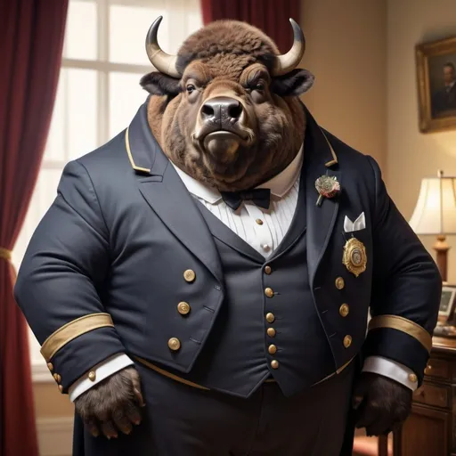 Prompt: Clumsy fat bison in a butler's uniform, popping buttons, highres, detailed fur, comical, formal attire, warm lighting, humorous expression