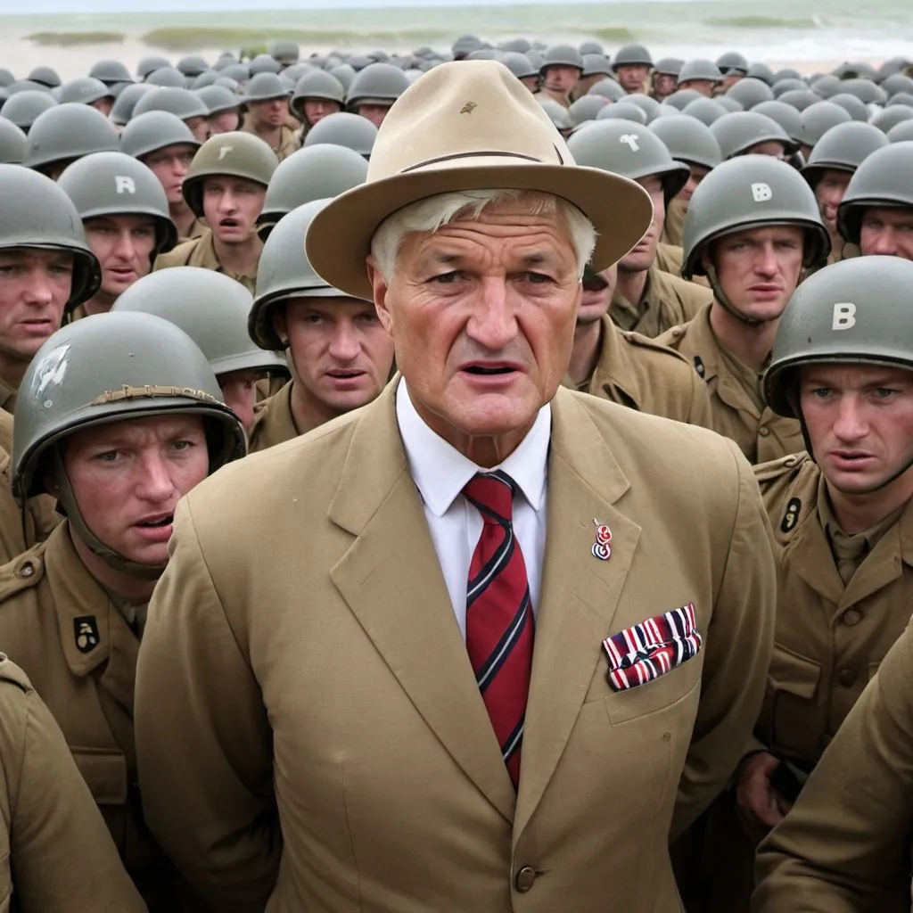 Prompt: Bob Katter at D-Day, leading troops, dark, historic, emotional, violent, graphic