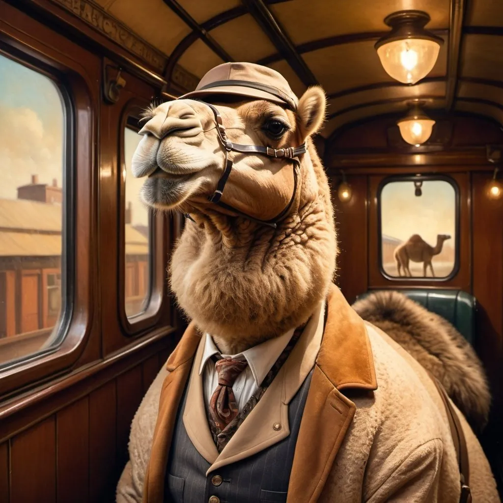 Prompt: Portrait of a fat camel in conductor's clothes, vintage train backdrop, oil painting, detailed fur with warm tones, realistic, vintage style, warm lighting, high quality, narrative, detailed clothing, vintage train, conductor's attire, warm tones, realistic lighting