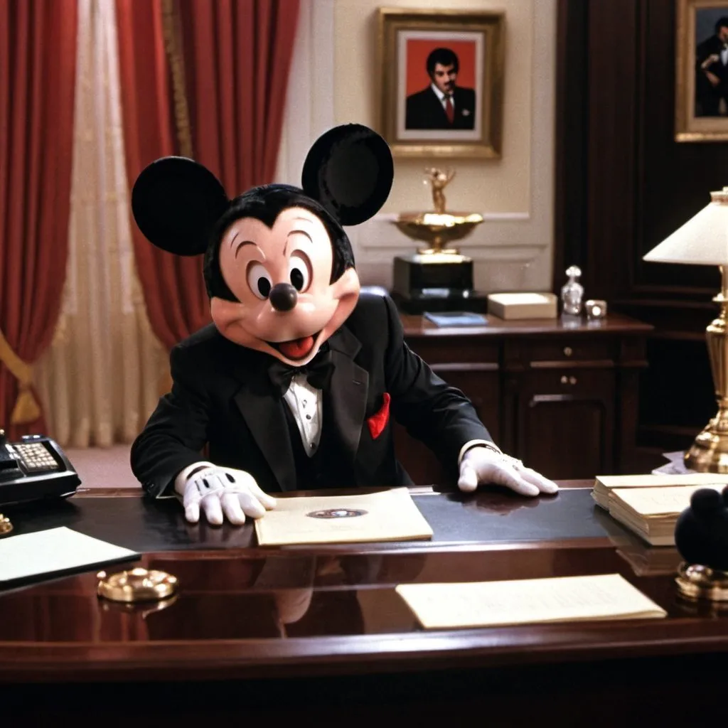 Prompt: Mickey Mouse in Scarface, Behind Desk, iconic movie scene, wide shot