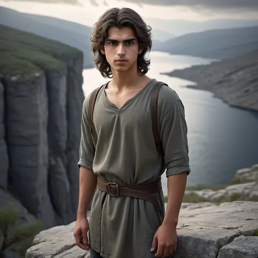 Prompt: Syrian 18 year old male with brooding expression, standing on the edge of a cliff, medium flowing hair, brown eyes, olive skin, plain grey tunic, belt, wearing sandals, fjord, forest cliffs, high quality, realistic, medium-detailed, natural, atmospheric, earthy tones, dramatic lighting