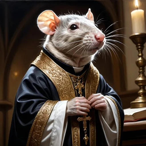 Prompt: Rat Reverend in priestly clothes, religious iconography, oil painting, detailed rat features, traditional religious attire, high quality, realistic, dramatic lighting