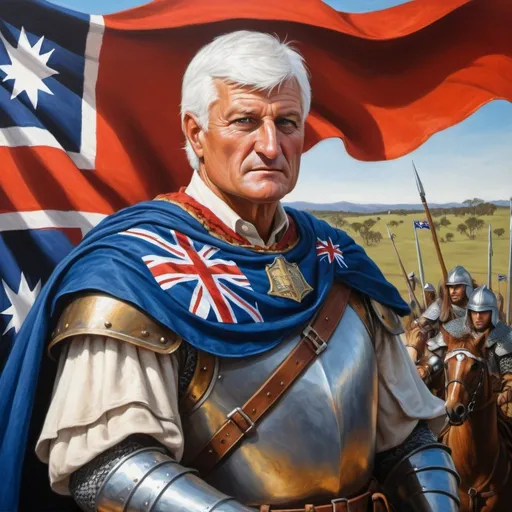 Prompt: Bob Katter wearing Australian flag, leading medieval army, oil painting, detailed facial features, vibrant colors, historical fantasy, traditional oil painting, patriotic, medieval armor, Australian flag cape, focused gaze, heroic leadership, professional, high-quality, vibrant colors, historical, detailed armor, majestic setting