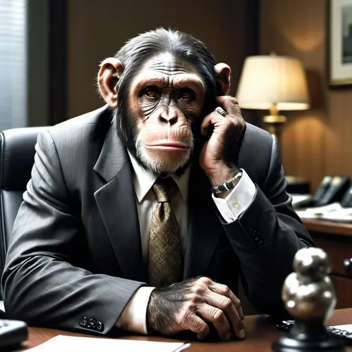 Prompt: Chimpanzee stockbroker in a suit, global financial crisis, worried expression, head in hands, office setting, detailed fur, professional attire, distressed atmosphere, high quality, realistic, business attire, realistic fur texture, detailed facial expression, crisis setting, office lighting, highres, detailed scene, intense emotion