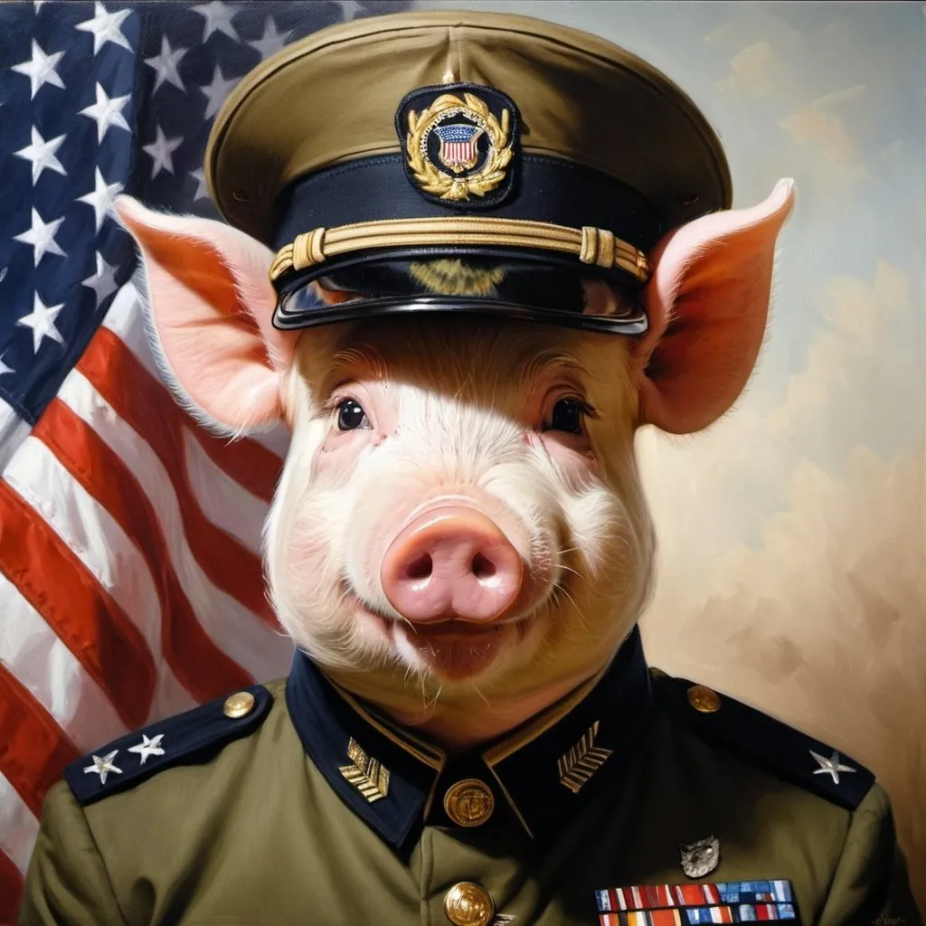 Prompt: Clean-shaven, pig wearing private's uniform, US military attire, youthful expression, realistic oil painting, military cap, detailed uniform, military portrait, high quality, realistic, traditional art, stern lighting, patriotic colors