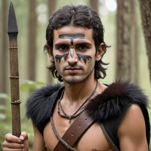 Prompt: Photo of a Syrian male, medium length dark brown hair, brown eyes, unattractive, skinny,  plain grey tunic with rustic brown belt, large black fur across shoulders, quiver on back, holding primitive stone tipped spear vertically, two lines of face paint running vertically from forehead to chin, edge of forest, 