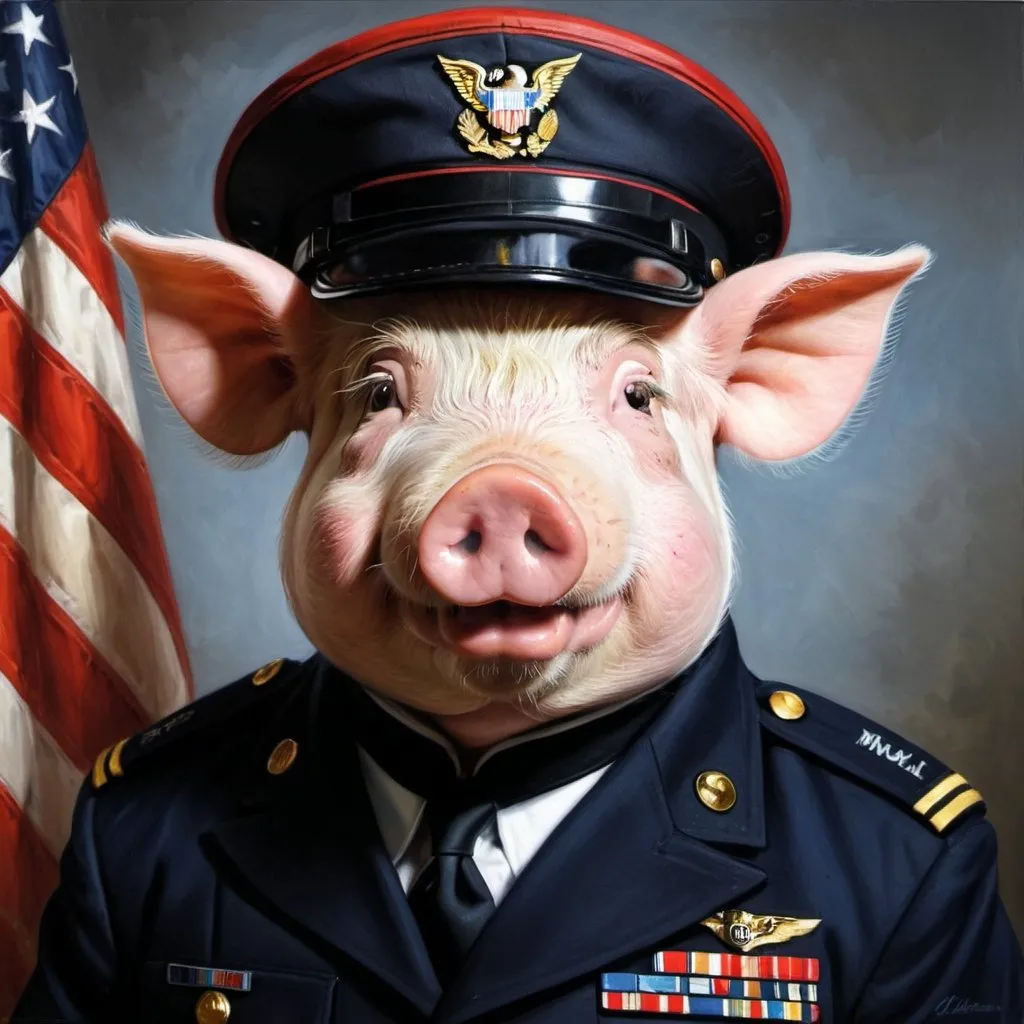 Prompt: Clean-shaven, uniform-wearing pig, US military attire, youthful expression, realistic oil painting, military cap, detailed uniform, military portrait, high quality, realistic, traditional art, stern lighting, patriotic colors