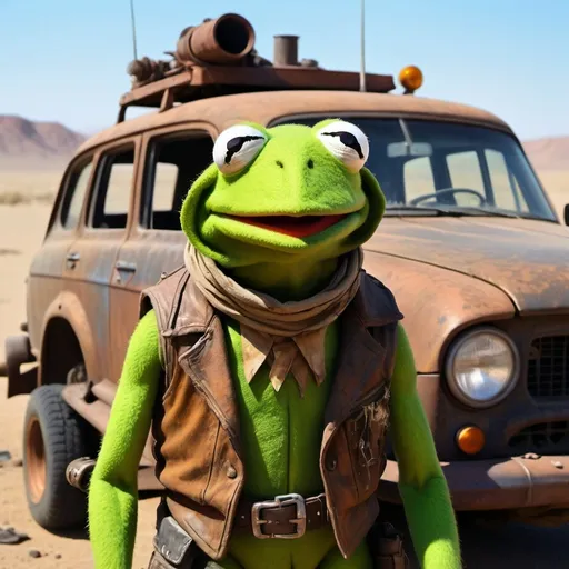 Prompt: Kermit the Frog in Mad Max Universe, oil painting, post-apocalyptic setting, vibrant colors, intense and gritty, detailed fur and amphibian skin texture, fierce and determined expression, rugged and worn clothing, desert wasteland with rusty vehicles, high quality, oil painting, post-apocalyptic, vibrant colors, intense atmosphere, detailed texture, determined expression, rugged clothing, desert wasteland, rusty vehicles, gritty