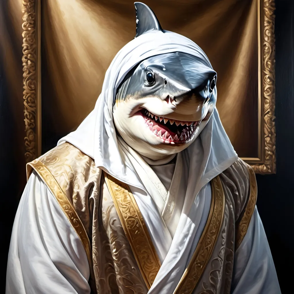 Prompt: Great White Shark dressed in robes portrait, traditional sheikh robes, detailed shark features, regal expression, oil painting, intricate robes, luxurious fabrics, high quality, realistic, regal, traditional, detailed textures, royal color tones, dramatic lighting