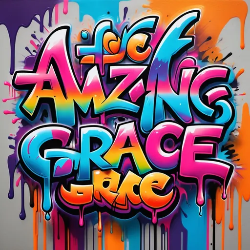 Prompt: "AMAZING GRACE" written in vibrant and colourful bold graffiti style, dripping paint with transparent background