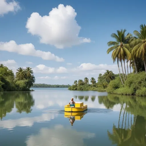 Prompt: A serene lake reflecting the blue sky dotted with white clouds. The smooth surface of the water is only slightly disturbed in the foreground, hinting at a gentle movement, perhaps of the photographer on the lake itself. The far bank is populated by a row of palm trees, their fronds waving gently in the breeze. A lone, yellow paddleboat with passengers can be seen in the distance, enjoying the tranquility of the lake surrounded by lush greenery.  