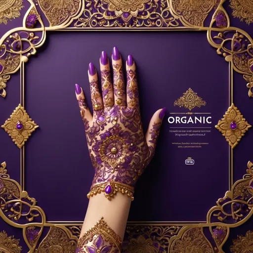 Prompt: (almost accurately spelled text "organic and authentic, pure & natural"), luxury ads style, vibrant color scheme, rich royal purple box, intricate golden henna pattern, traditional and royal cultural theme, high-quality design, emphasizing elegance and sophistication, backdrop subtly featuring luxurious textures, detailed craftsmanship.