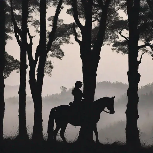 Prompt: silhouette of horse and female rider wearing a bow on her back on a distant hill overlooking a dense misty forest in front of them
