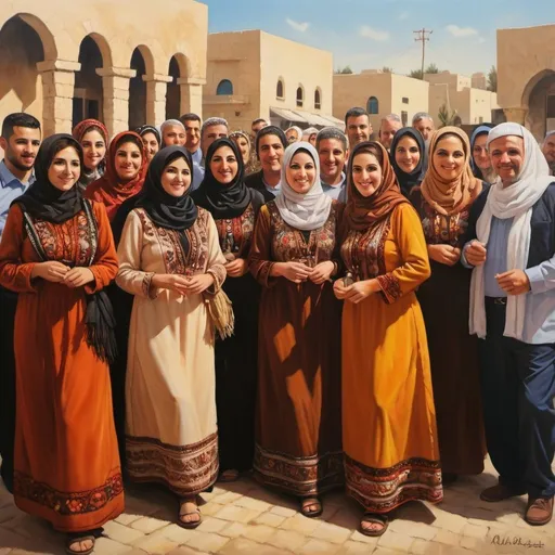 Prompt: Vibrant oil painting of a Palestinian Roots Association event, warm and earthy tones, traditional Palestinian dresses and embroidery, high quality, oil painting, traditional, vibrant colors, detailed embroidery, cultural gathering, warm lighting