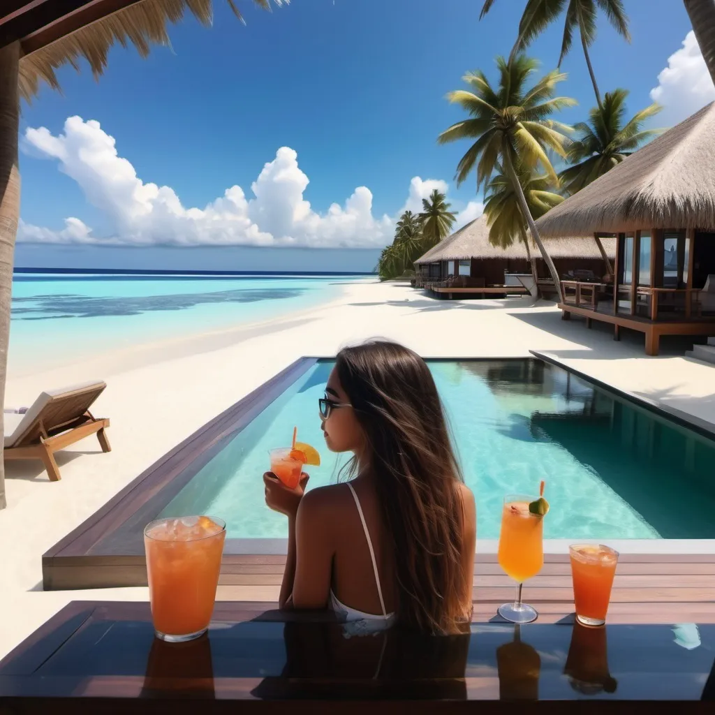Prompt: can you please create a picture of my dream vacation of me a beautiful teenage girl and in the beautiful beach of the Maldives and in the picture there is me in the beach looking at the view with my family and i am drinking a drink 
 and behind me there is a big villa with a pool and the beach is blue like in the moana movie