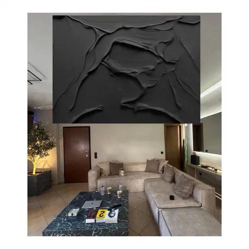 Prompt: I want you to adjust the black board in one image to the image of the living room. The dimensions I want the black board to have are 180 by 100 like the meters I want you to adjust it accordingly so that I understand how it will be in reality. I want you to place the black design in one image above the living room sofa.
