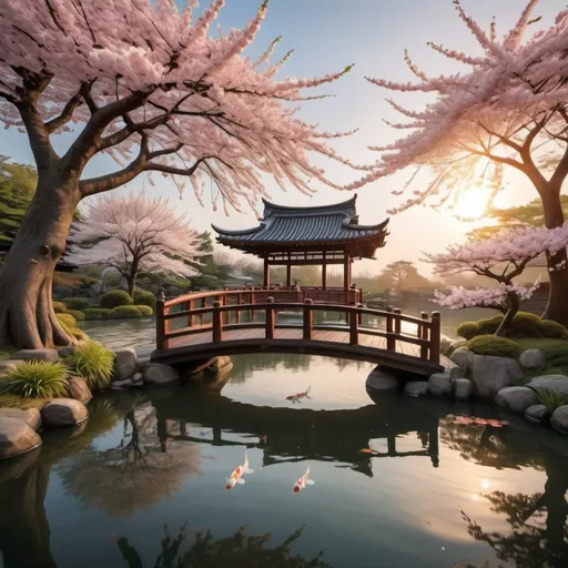 Prompt: The photograph ultra realistic 4k photograph captures a mesmerizing scene of rural tranquility the sunset can be seen, with a meticulously crafted traditional Korean home nestled amidst verdant foliage. Majestic cherry blossom trees frame the landscape, their delicate petals adorning the surface of a serene pond below. A graceful wooden bridge, adorned with intricate carvings, spans the length of the pond filled with koi fish and other asian water animals, offering a passage to the tranquil abode. Beneath the bridge, and some cherry blossoms in the  water filled koi fish and other lively creatures in the water with the beautiful mesmerising sunset  when the sun almost disapears 
