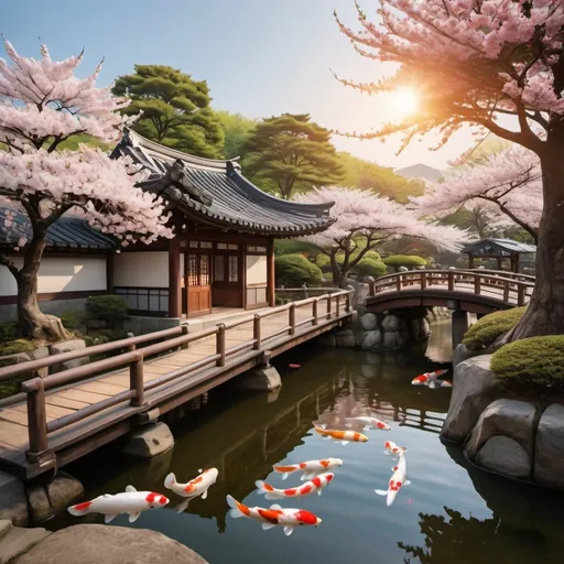 Prompt: The photo depicts a traditional Korean home in the background, surrounded by lush vegetation. In the foreground, a wooden bridge spans a large pond filled with koi fish and other Korean water animals. Cherry blossom trees line the edges of the pond, with some petals drifting on the water's surface. The setting sun casts a warm glow, reflecting slightly on the water. Amidst this serene scene, an Asian raccoon dog stands on the bridge, observing the koi fish and other creatures in the pond with interest.