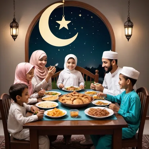 Prompt: Muslim family enjoying a meal together, traditional Islamic crescent and star,with kids