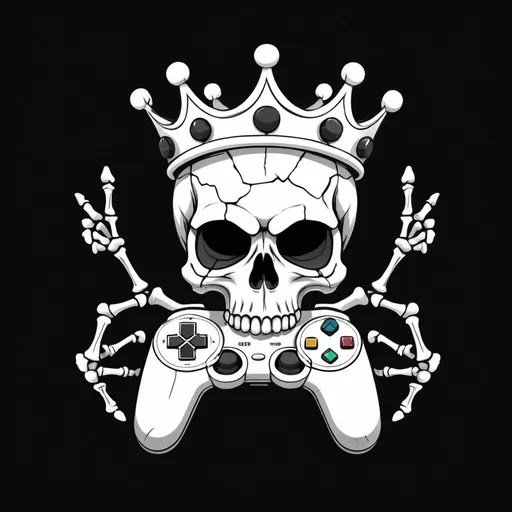 Prompt: draw a game controller crashing and cracking open a skeleton skull wearing a dark crown and it has to have a black background
