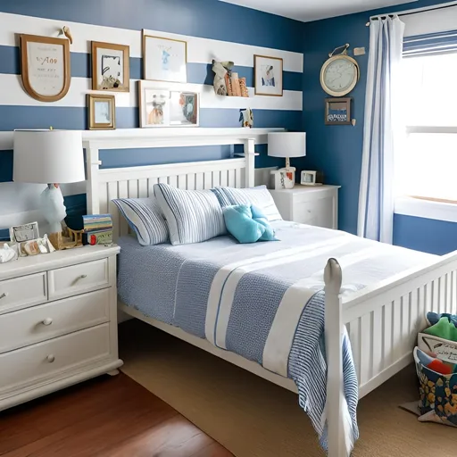 Prompt: The image portrays a child’s bedroom. The bed, with a blue and white striped comforter and a blue throw blanket, has a green metal frame and a white headboard and footboard. A white nightstand with a lamp, globe, and books, and a white dresser are also present. Above the bed, a picture frame is mounted. The room has white walls with a sloped ceiling and a window, and a light wood floor. The room exudes a youthful and comfortable ambiance.