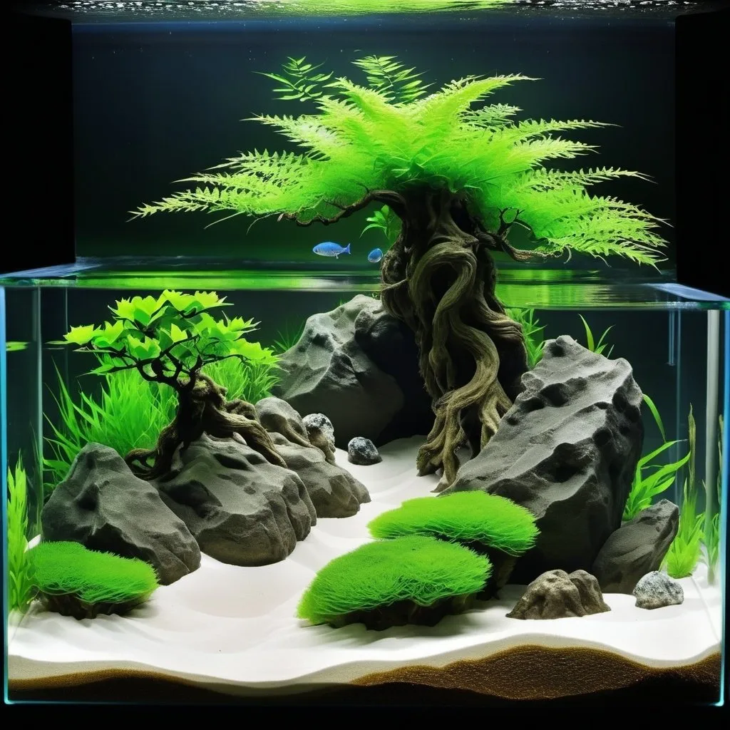 Prompt: a project of aquarium arranged in aquascaping mode, iwagumi style, rocks, roots, plants, sand