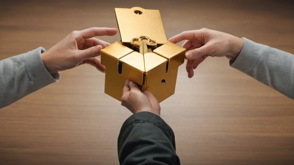 Prompt: A picture of a person opening a box using a gold key.